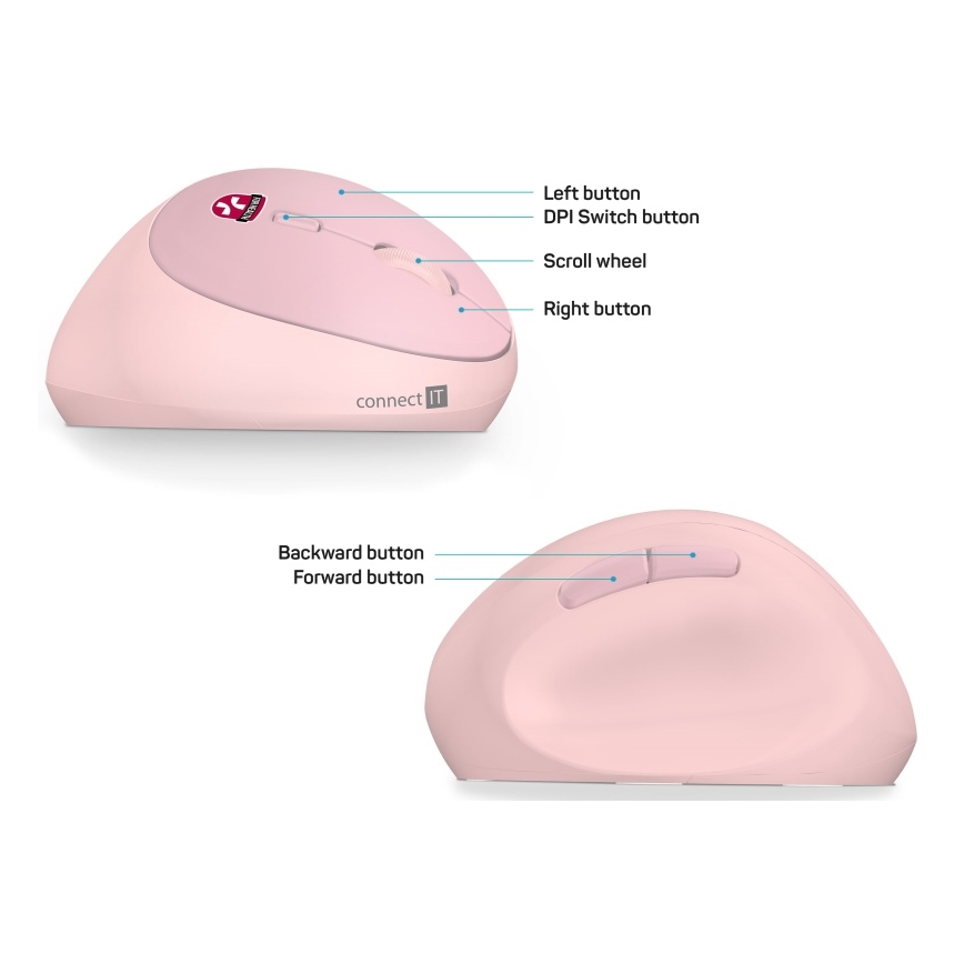 CONNECT IT CMO-2600-PK - Ergonomická bezdrátová myš 800/1200/1600 DPI 1xAA růžová