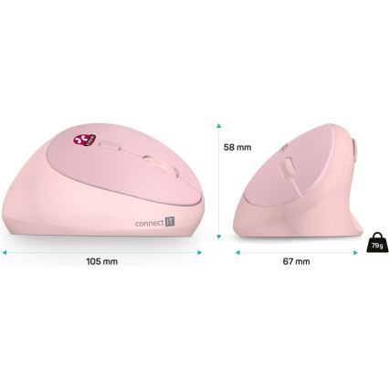 CONNECT IT CMO-2600-PK - Ergonomická bezdrátová myš 800/1200/1600 DPI 1xAA růžová