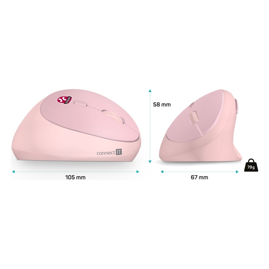 CONNECT IT CMO-2600-PK - Ergonomická bezdrátová myš 800/1200/1600 DPI 1xAA růžová