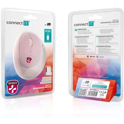 CONNECT IT CMO-2600-PK - Ergonomická bezdrátová myš 800/1200/1600 DPI 1xAA růžová