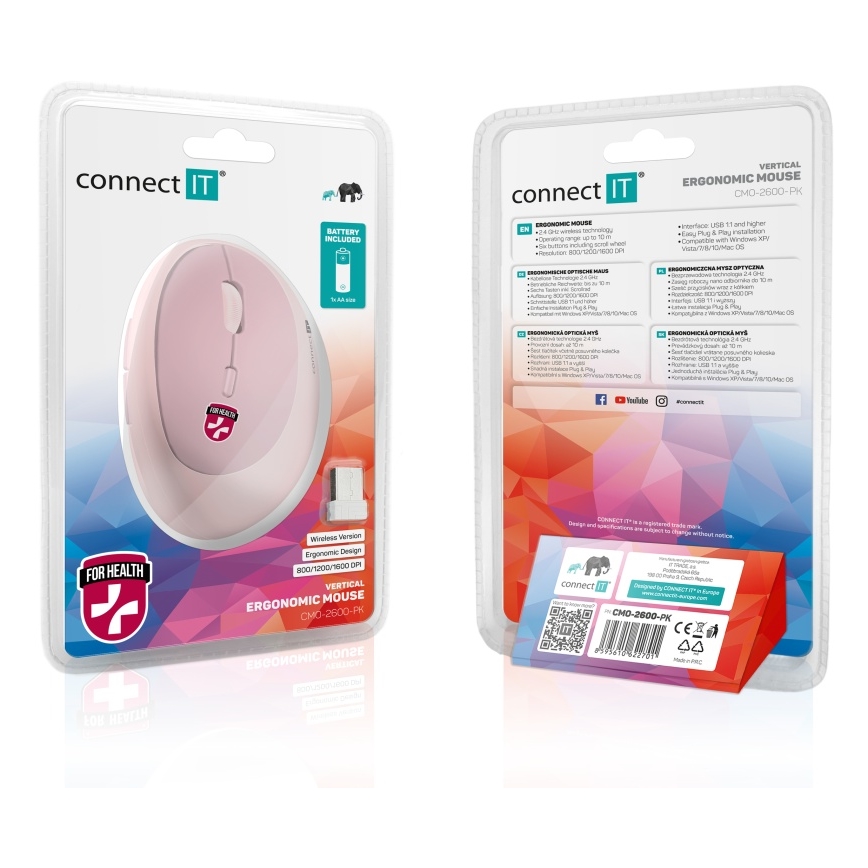 CONNECT IT CMO-2600-PK - Ergonomická bezdrátová myš 800/1200/1600 DPI 1xAA růžová