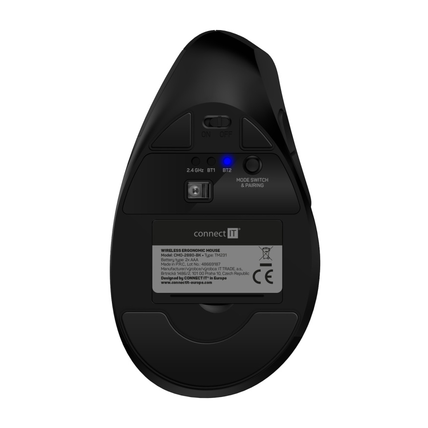 CONNECT IT CMO-2880-BK - Ergonomická bezdrátová myš Verti TriMode 1000/1600/2400 DPI 2xAAA černá