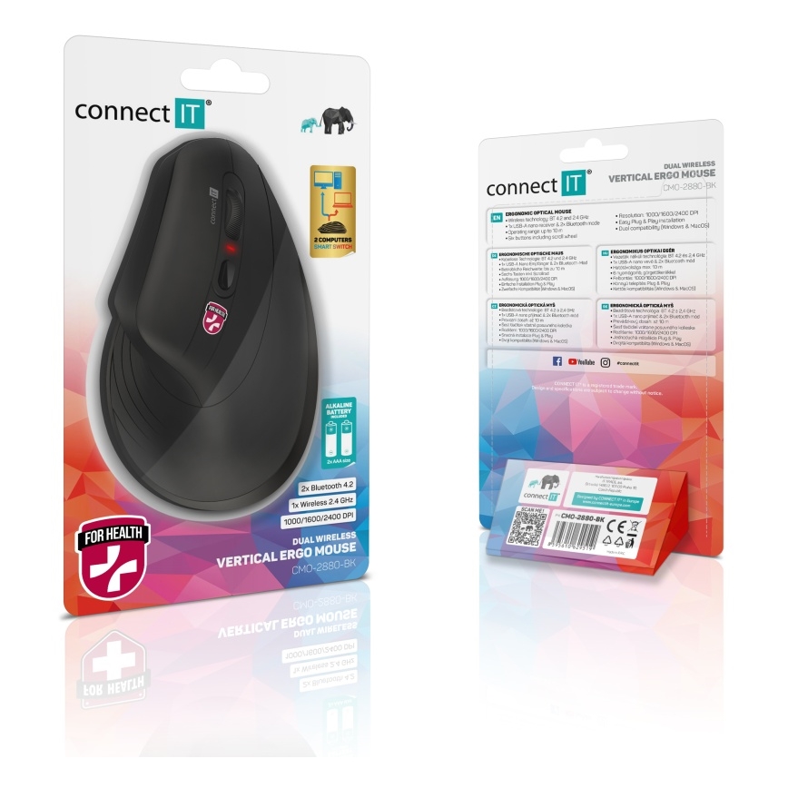 CONNECT IT CMO-2880-BK - Ergonomická bezdrátová myš Verti TriMode 1000/1600/2400 DPI 2xAAA černá
