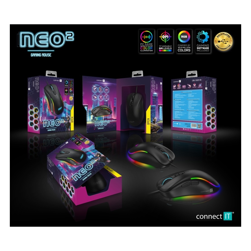 CONNECT IT CMO-3589-BK - LED RGB Drátová herní myš 200-7200 DPI černá