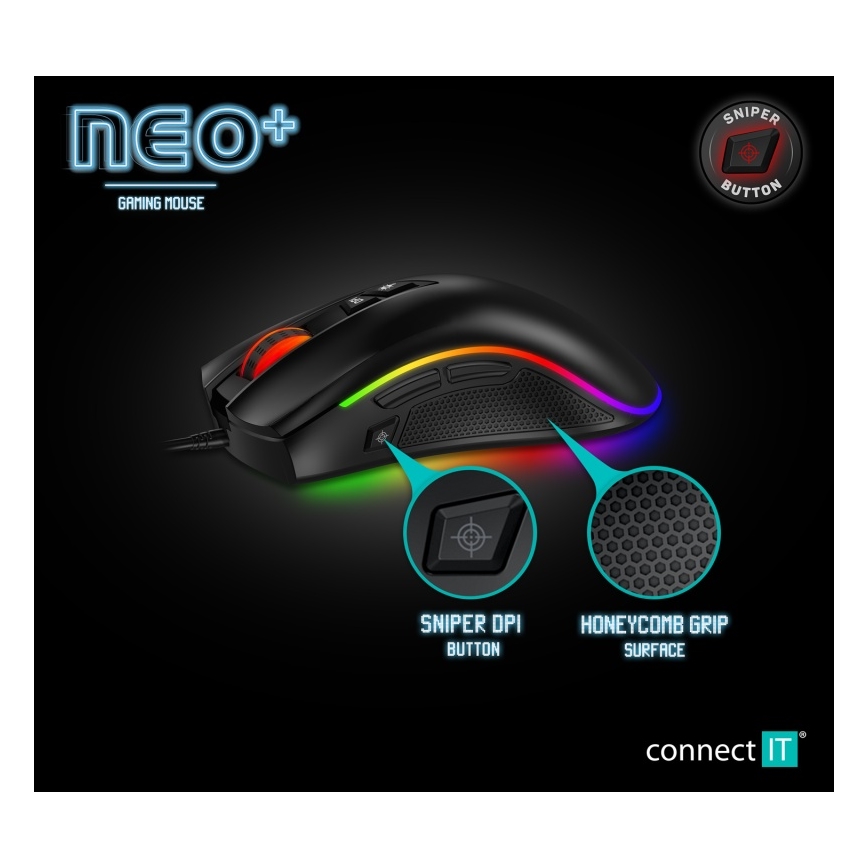 CONNECT IT CMO-3591-BK - LED RGB Drátová herní myš 500-7200 DPI černá