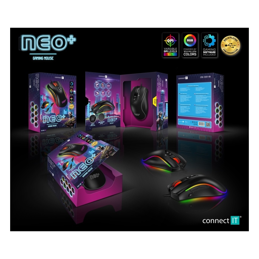 CONNECT IT CMO-3591-BK - LED RGB Drátová herní myš 500-7200 DPI černá