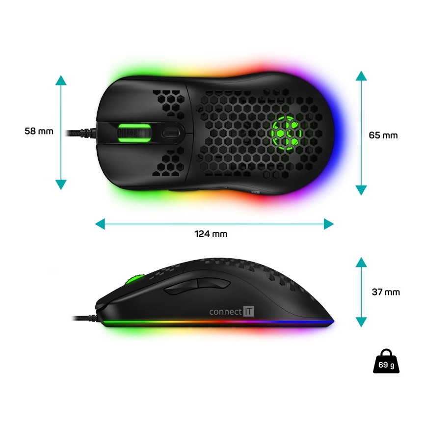 CONNECT IT CMO-5511-BK - LED RGB Drátová herní myš 200-12800 DPI černá