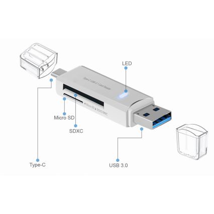 Čtečka karet MicroSD SDXC MMC s konektorem USB-C + USB 3.0