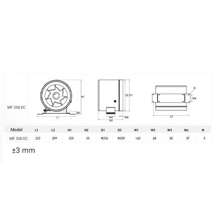 Dalap 24MF200 - Potrubní ventilátor s úsporným motorem a regulátorem otáček MF 200 EC 75W/230V