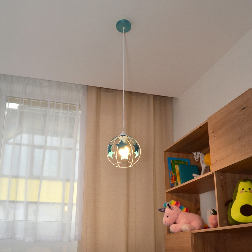 Dětský lustr na lanku STARS 1xE27/15W/230V tyrkysová/bílá