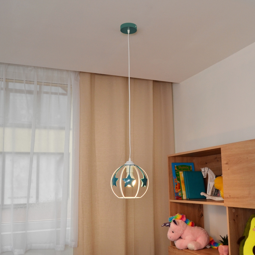 Dětský lustr na lanku STARS 1xE27/15W/230V tyrkysová/bílá