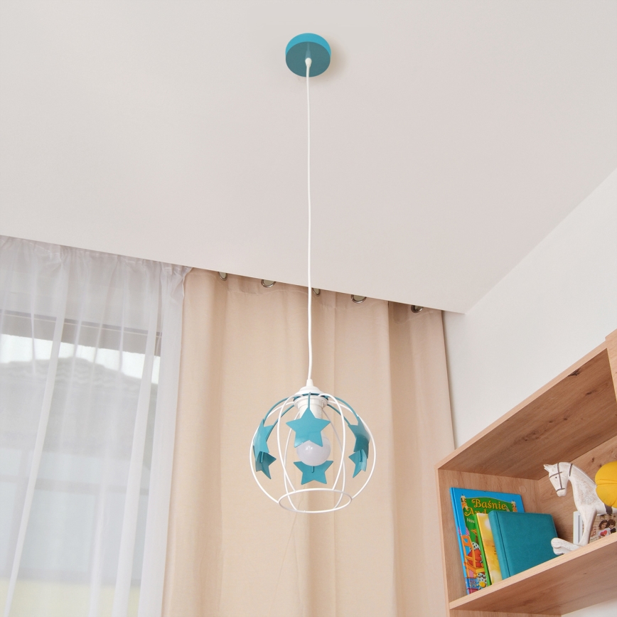 Dětský lustr na lanku STARS 1xE27/15W/230V tyrkysová/bílá
