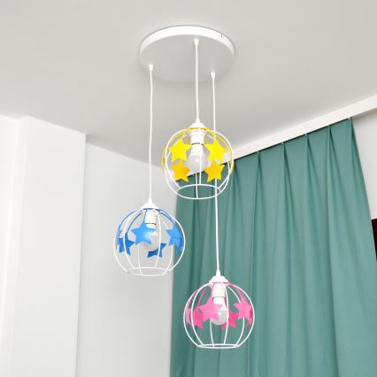 Dětský lustr na lanku STARS 3xE27/15W/230V modrá/růžová/žlutá