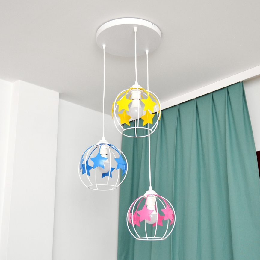Dětský lustr na lanku STARS 3xE27/15W/230V modrá/růžová/žlutá