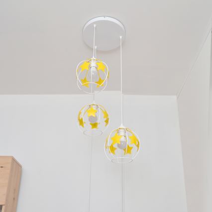 Dětský lustr na lanku STARS 3xE27/15W/230V žlutá/bílá