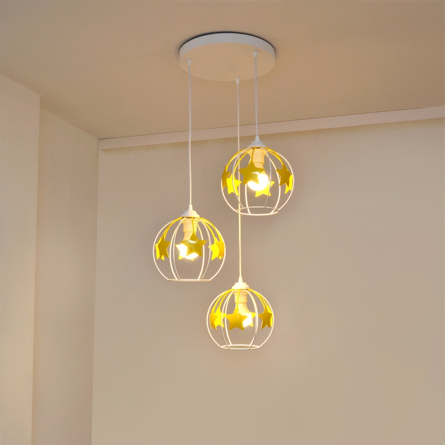 Dětský lustr na lanku STARS 3xE27/15W/230V žlutá/bílá