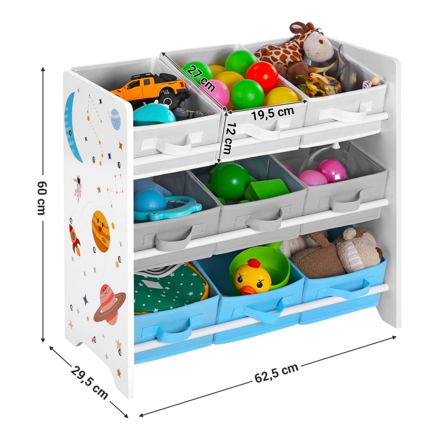 Dětský úložný regál s látkovými boxy ANET modrá/bílá