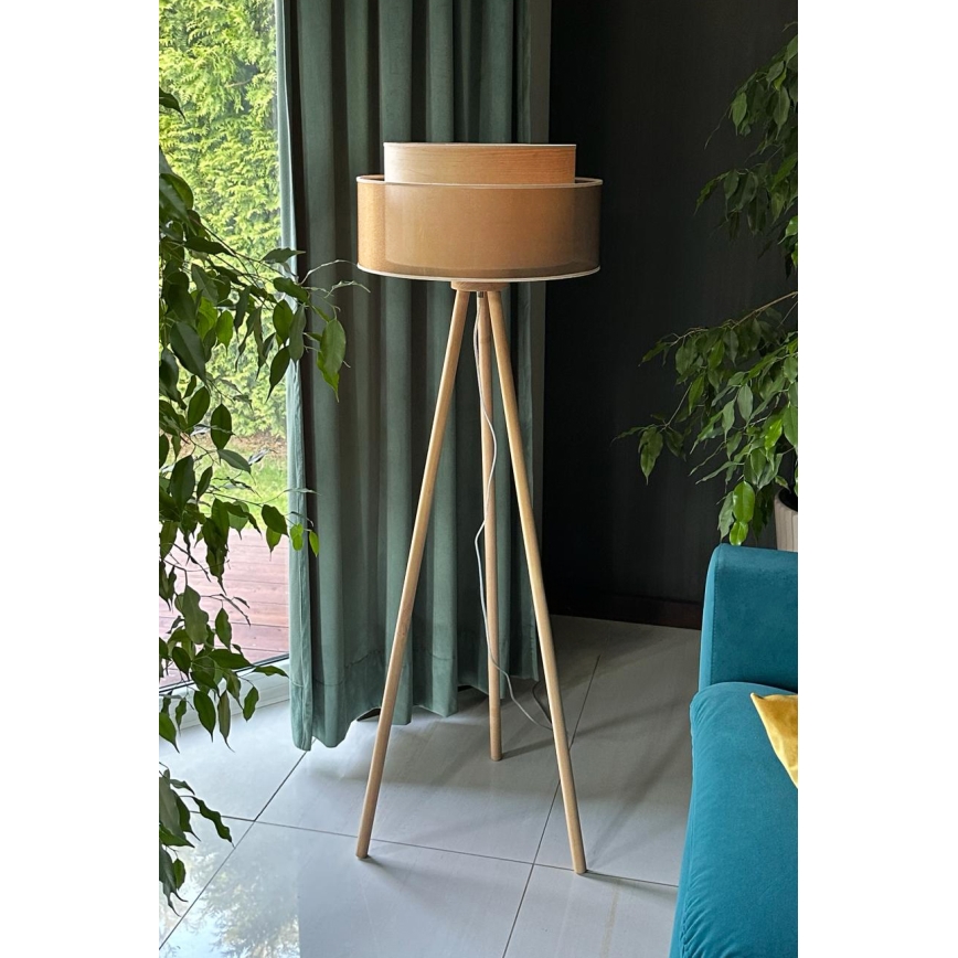 Duolla - Stojací lampa WOOD BOHO 1xE27/15W/230V pr. 45 cm měděná/hnědá/béžová