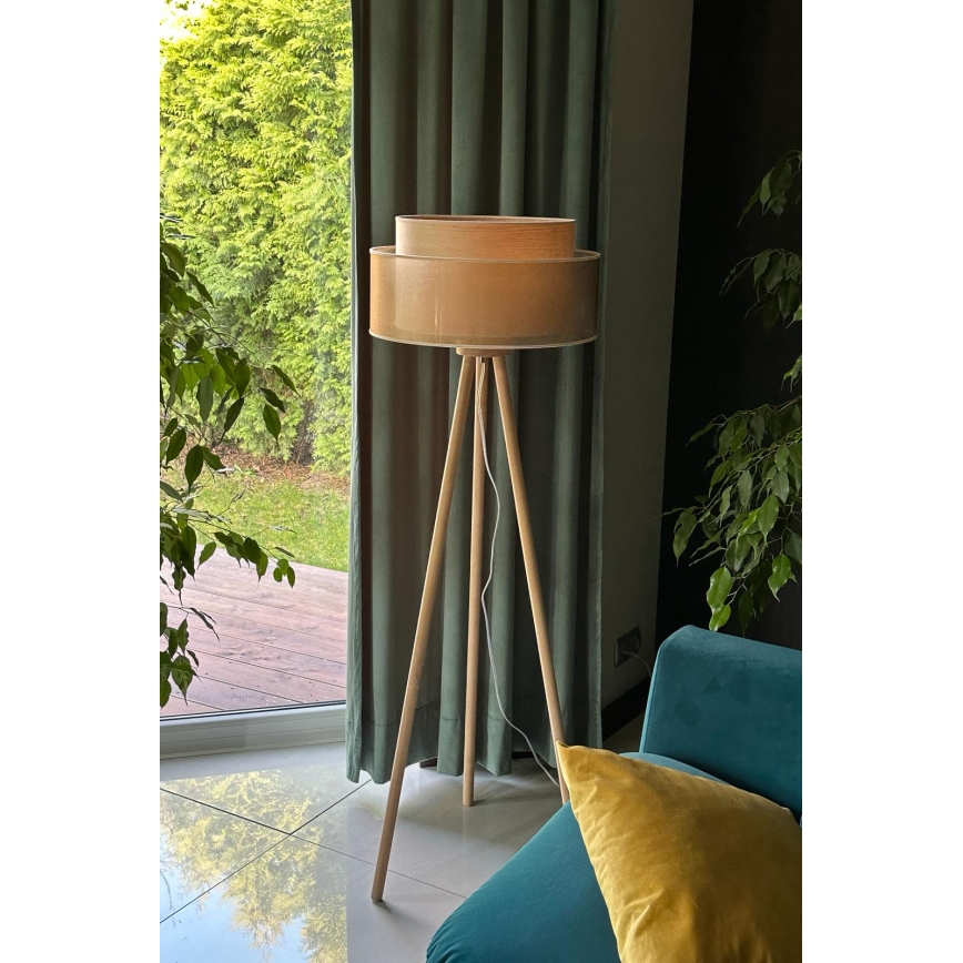 Duolla - Stojací lampa WOOD BOHO 1xE27/15W/230V pr. 45 cm měděná/hnědá/béžová