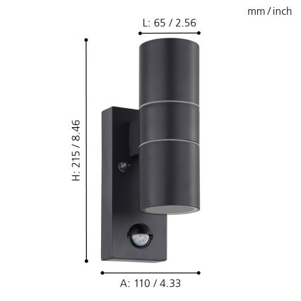 Eglo - LED Venkovní nástěnné svítidlo se senzorem 2xGU10/3W/230V IP44