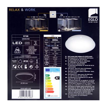 Eglo 97108 - LED Stropní svítidlo GIRON-RW 1xLED/18W/230V 2700K-4000K