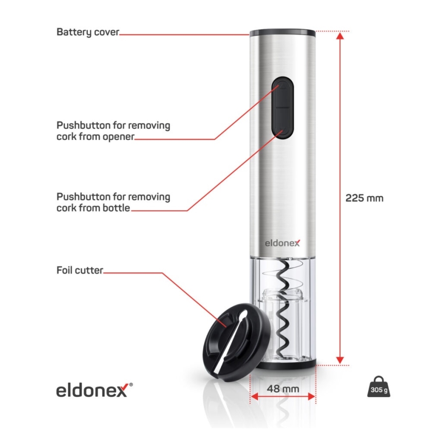 ELDONEX EWO-2200-SL - Elektrický otvírák na víno 4xAA matný chrom
