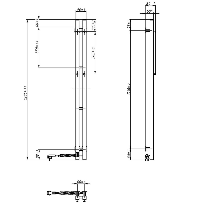 Elektrický sušák na ručníky s termostatem SILOUETTE 187W/230V 120,6 cm IP44 černá pravá hranatý