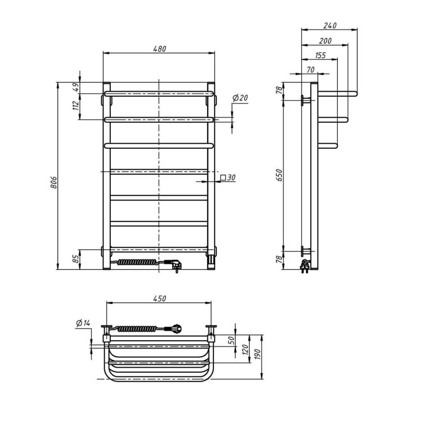 Elektrický sušák na ručníky s termostatem FORTIS 155W 80x48 cm  bílá levá