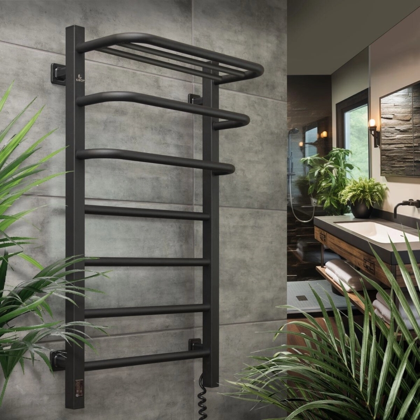 Elektrický sušák na ručníky s termostatem FORTIS 155W 80x48 cm  černá pravá