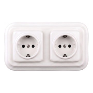Elhard - Dvojitá keramická retro zásuvka domovní s rámečkem SCHUKO 230V bílá