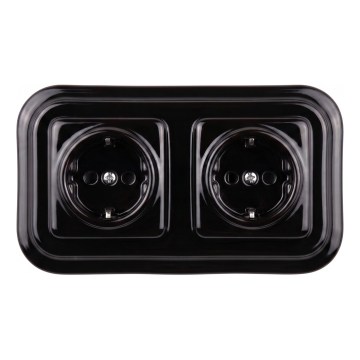 Elhard - Dvojitá keramická retro zásuvka domovní s rámečkem SCHUKO 230V černá
