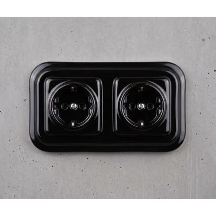 Elhard - Dvojitá keramická retro zásuvka domovní s rámečkem SCHUKO 230V černá