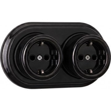 Elhard - Dvojitá nástěnná keramická retro zásuvka domovní s rámečkem SCHUKO 230V černá