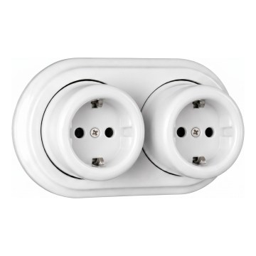 Elhard - Dvojitá nástěnná keramická retro zásuvka s rámečkem SCHUKO 230V bílá