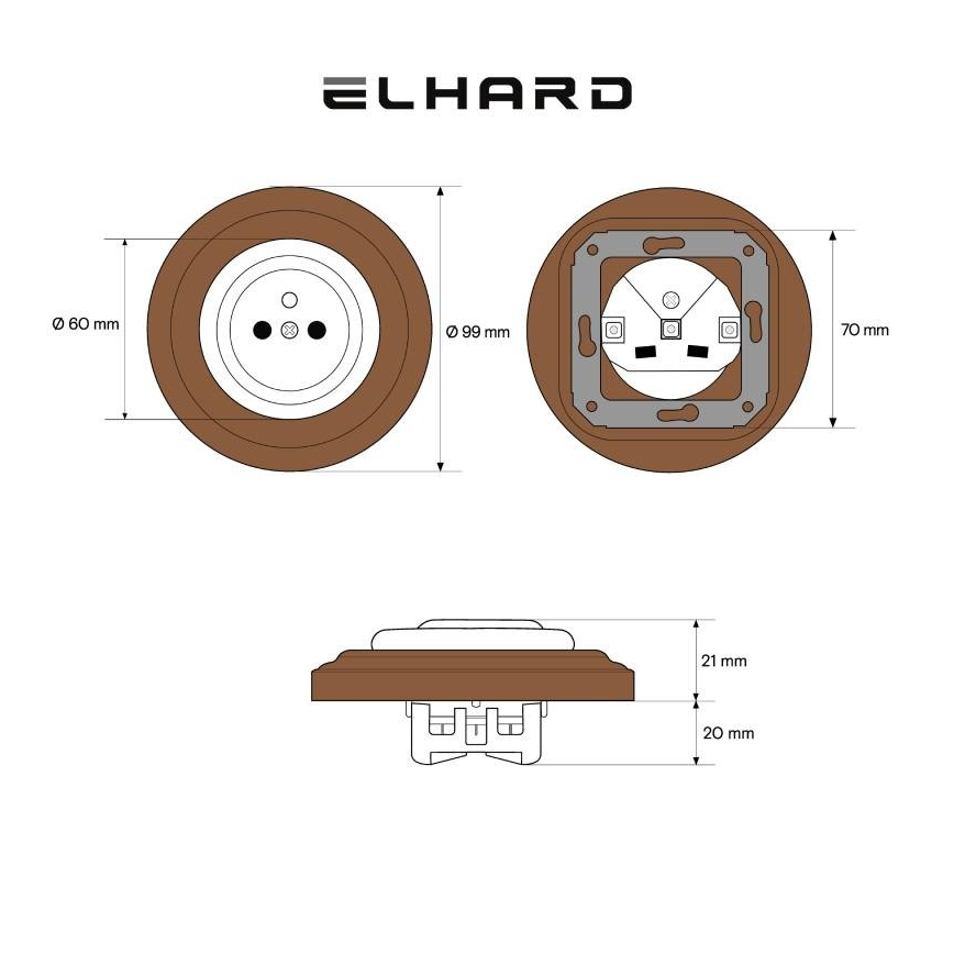 Elhard - Keramická retro zásuvka domovní s rámečkem 230V černá/tmavé dřevo