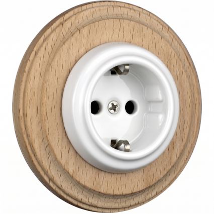 Elhard - Keramická retro zásuvka domovní s rámečkem SCHUKO 230V bílá/světlé dřevo