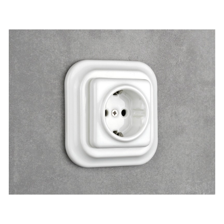 Elhard - Keramická retro zásuvka domovní s rámečkem SCHUKO 230V bílá