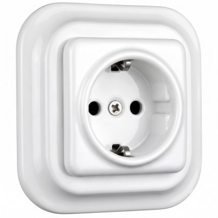 Elhard - Keramická retro zásuvka domovní s rámečkem SCHUKO 230V bílá