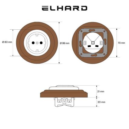 Elhard - Keramická retro zásuvka domovní s rámečkem SCHUKO 230V černá/tmavé dřevo