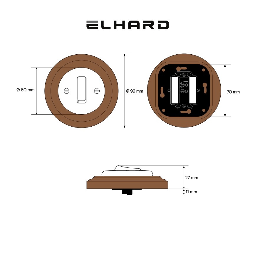Elhard - Keramický retro jednoduchý vypínač s rámečkem č. 1 bílá/tmavé dřevo