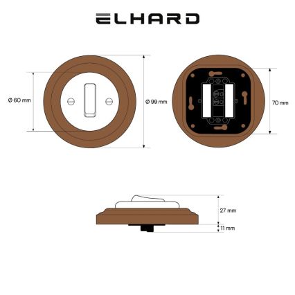 Elhard - Keramický retro jednoduchý vypínač s rámečkem č. 1 černá/tmavé dřevo