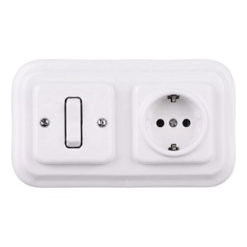 Elhard - Keramický retro jednopólový vypínač č. 1 a zásuvka SCHUKO 230V s rámečkem bílá