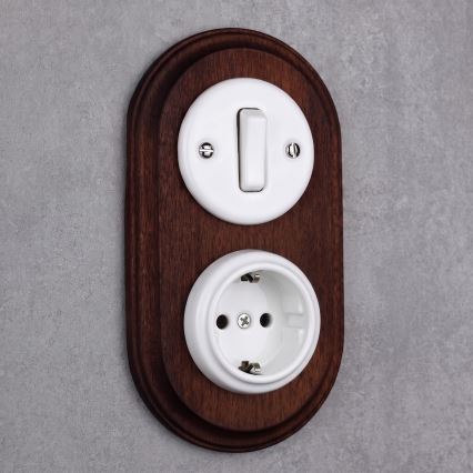 Elhard - Keramický retro vypínač č. 1 a zásuvka 230V s rámečkem SCHUKO bílá/tmavé dřevo