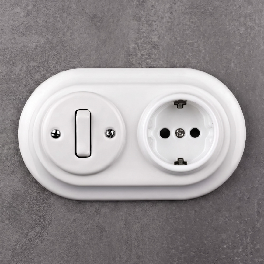 Elhard - Keramický retro vypínač č. 1 a zásuvka 230V s rámečkem SCHUKO bílá