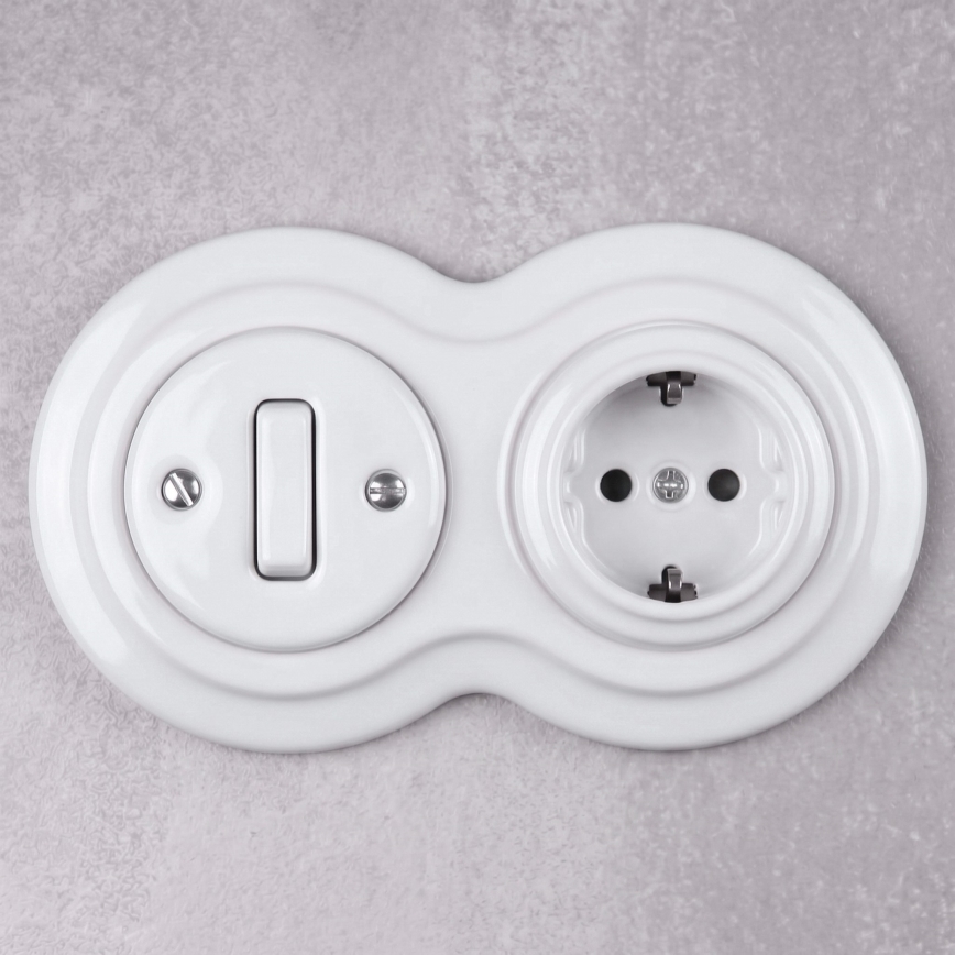 Elhard - Keramický retro vypínač č. 1 a zásuvka 230V s rámečkem SCHUKO bílá