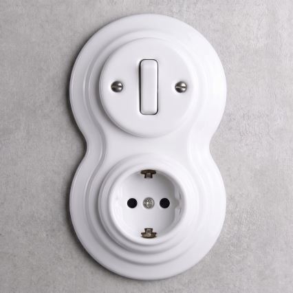 Elhard - Keramický retro vypínač č. 1 a zásuvka 230V s rámečkem SCHUKO bílá