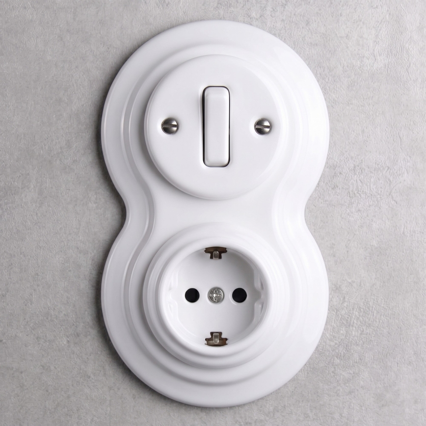 Elhard - Keramický retro vypínač č. 1 a zásuvka 230V s rámečkem SCHUKO bílá