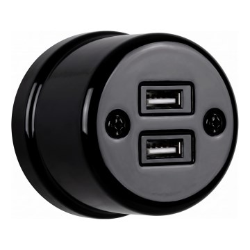 Elhard - Nástěnná keramická retro zásuvka 2xUSB-A černá