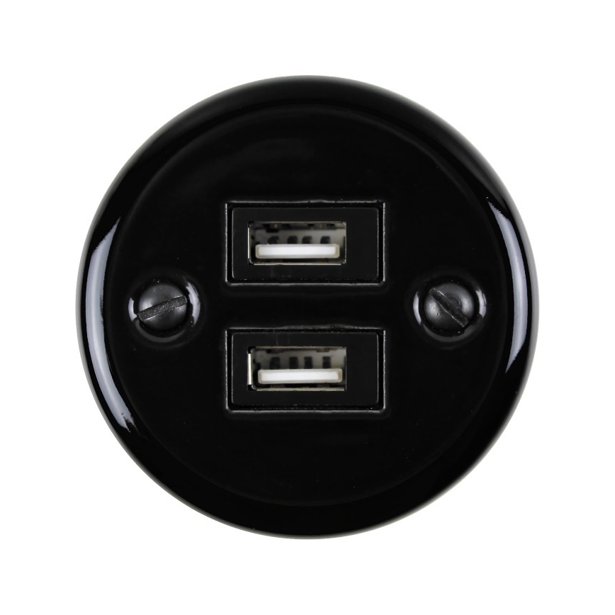 Elhard - Nástěnná keramická retro zásuvka 2xUSB-A černá