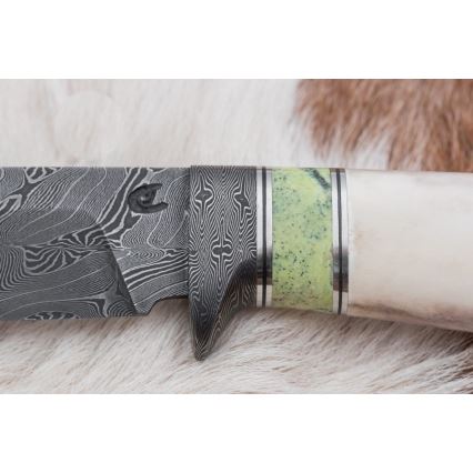 Exkluzivní damaškový nůž 13 cm serpentinit/sobí paroh